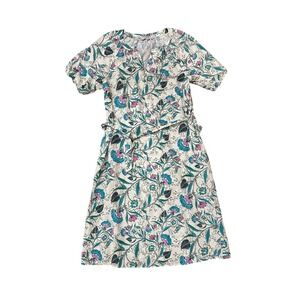 Loft Floral Linen Blend V-Neck Puff Sleeve Midi Dress Size L